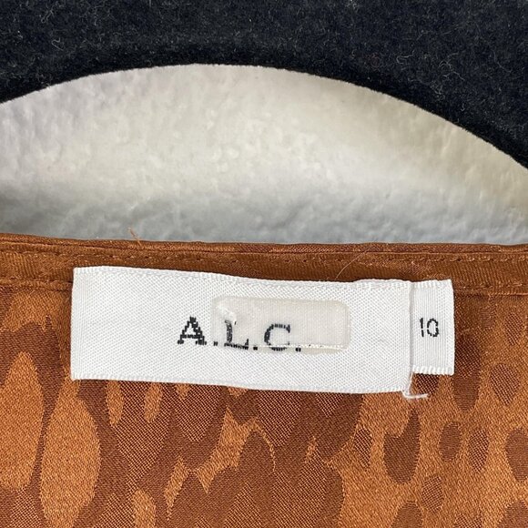 A.L.C. Blouse Womens 10 Brown Silk Wrap Top Puff Sleeve Peplum Jacquard Tie Belt - Picture 5 of 11